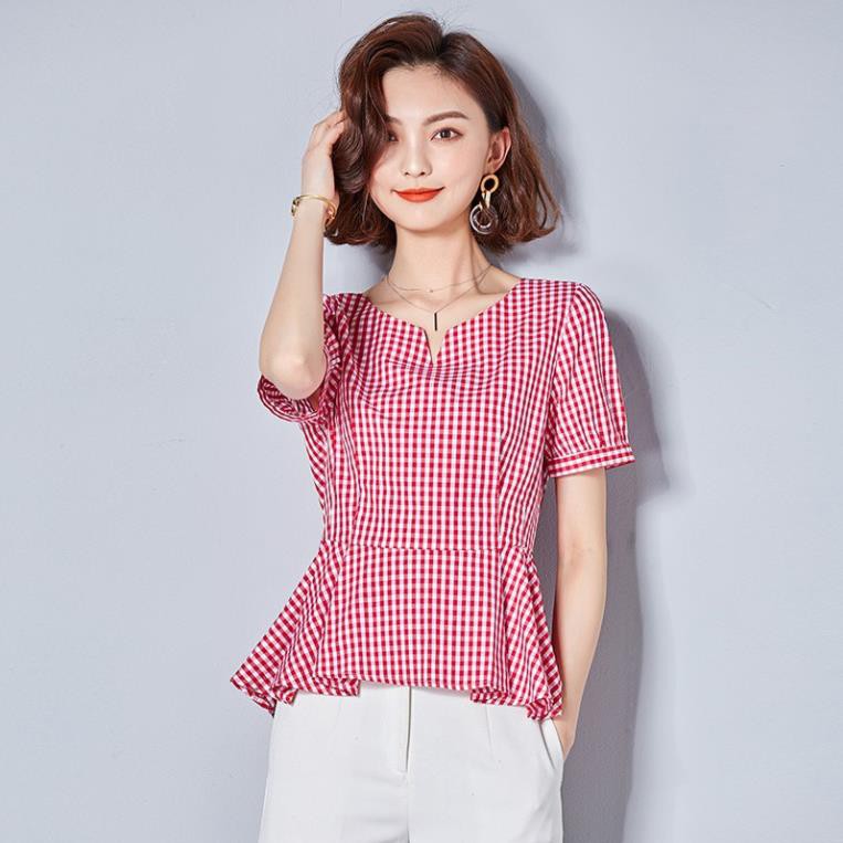 [Mã WAMT1505 giảm 10K đơn 0K] Áo kẻ peplum xẻ V lưng cho người béo mập