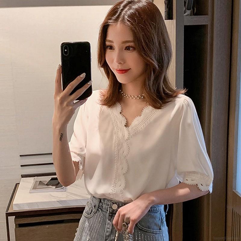 [Baywellfashion]Fashion Lace Hollow Out Sweet Loose White Women's V-Neck Blouse | BigBuy360 - bigbuy360.vn