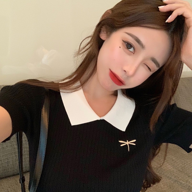 Áo Dệt Kim Tay Ngắn Cổ Bẻ Thêu Họa Tiết Xinh Xắn Cho Nữ