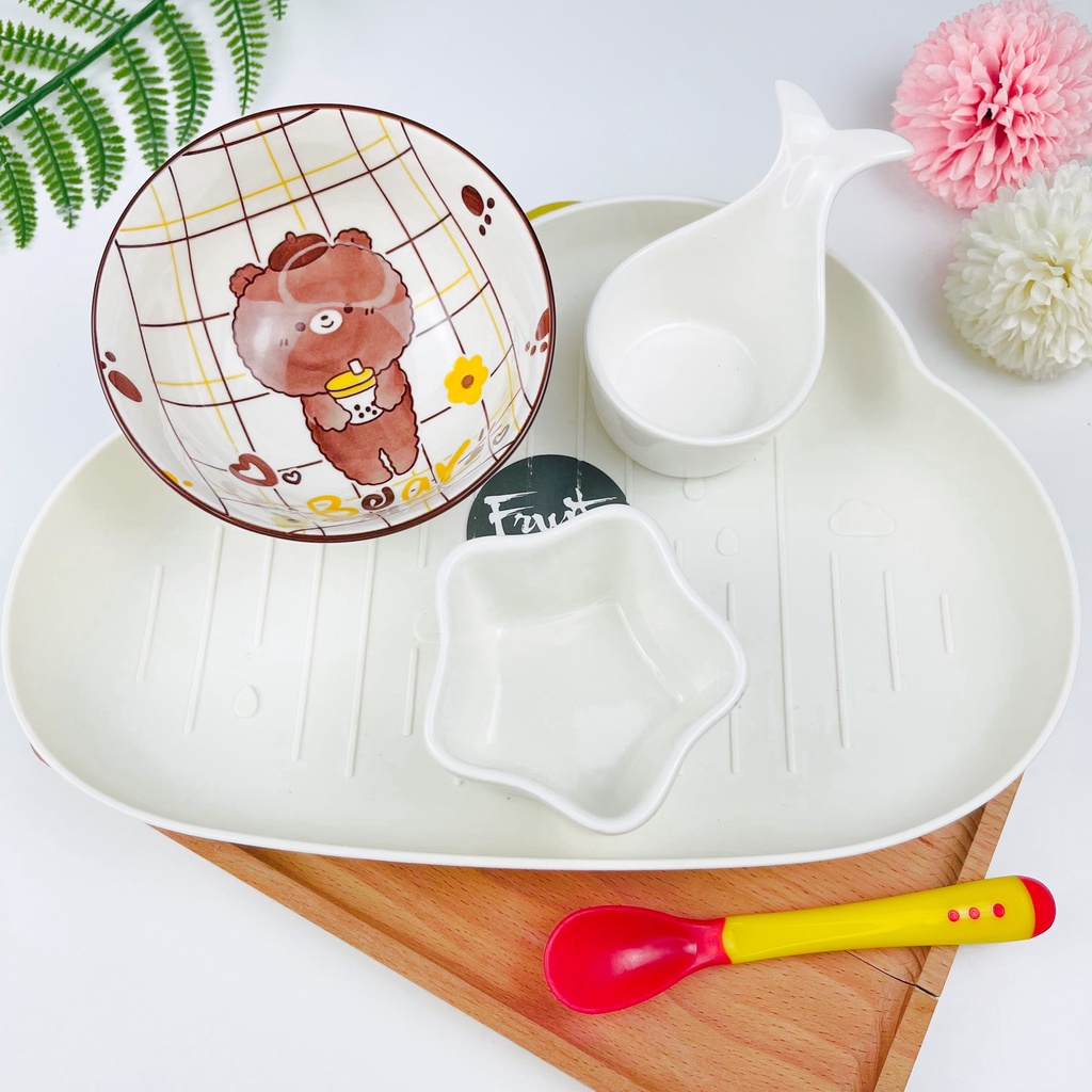 Set Bát Sứ Ăn Dặm Cho Bé Kiểu Nhật Đủ Màu, Combo Bát Ăn Dặm Gốm Sứ Gồm Khay Bát Thìa Báo Nóng Cao Cấp Babyducky