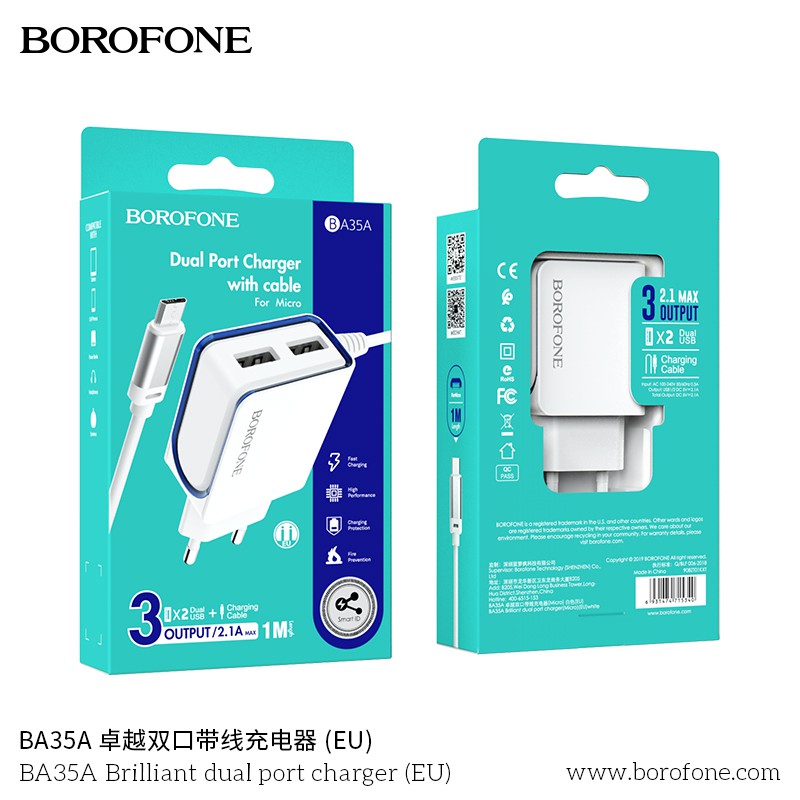 Bộ sạc nhanh BOROFONE BA35A liền chui Micro 1M 2.1A + thêm 2 cổng USB