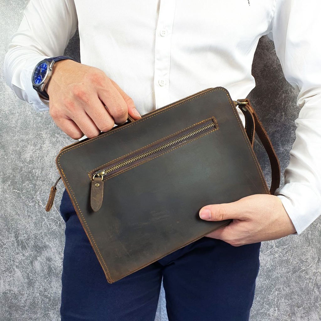 Clutch nam da bò thật; Túi cầm tay nam da sáp CL145LEA  - 100% da bò thật, BH 3 năm
