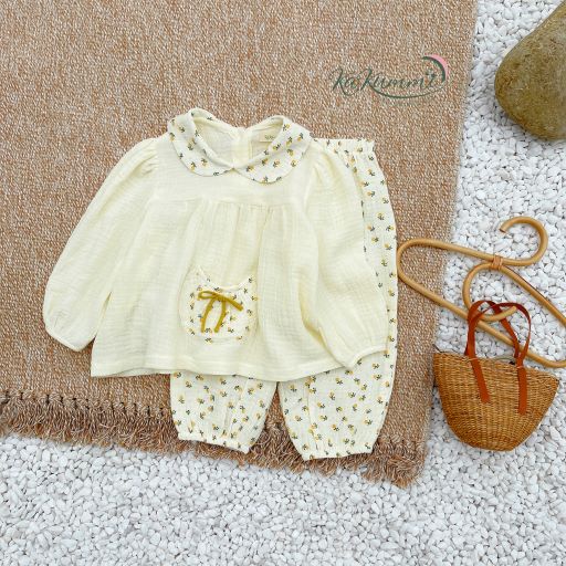 Set áo babydoll cổ sen quần hoa cho bé gái (KM22-ST239) Kakummi