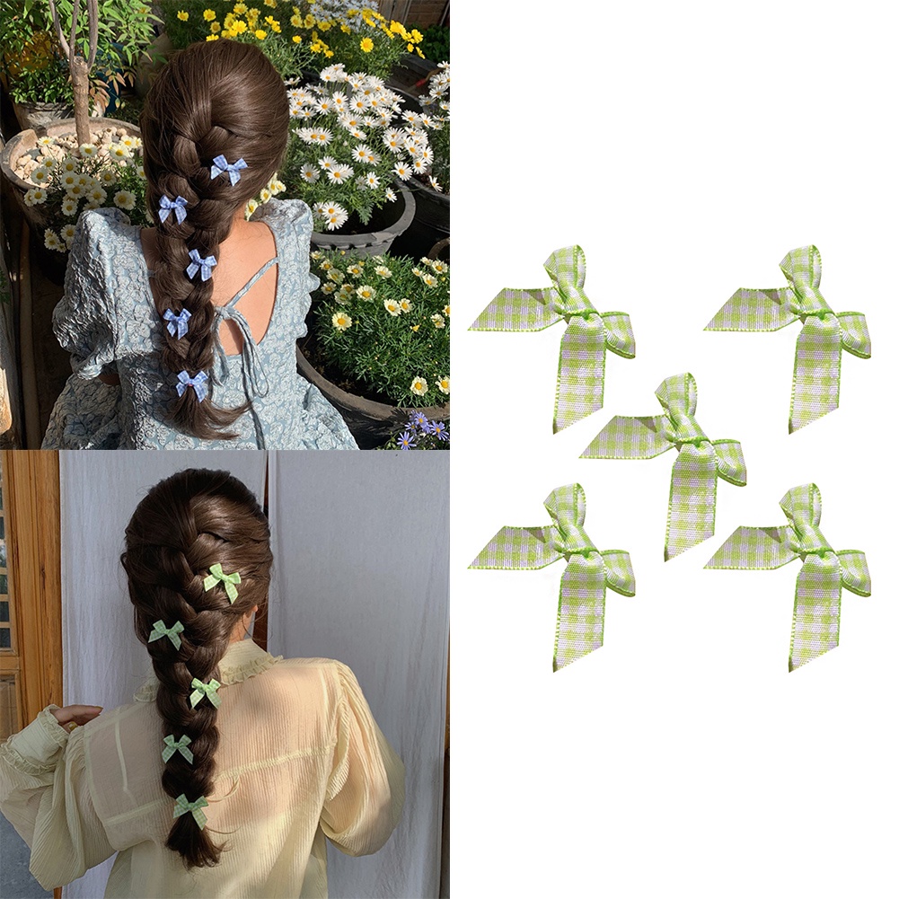 Set 5 Kẹp Tóc Hình Nơ Họa Tiết Sọc Caro Bằng Acrylic Thời Trang Cho Nữ