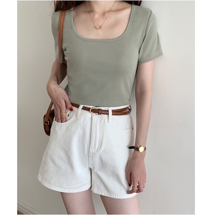 Áo Thun Mỏng Cổ Vuông Ngắn Tay Dáng Ôm Thời Trang Mùa Hè 49113