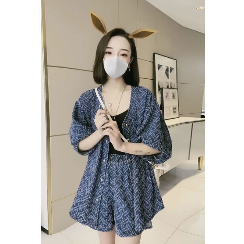 Set Đồ 2 Món Gồm Áo Sơ Mi Tay Ngắn Và Quần Short Denim Sang Trọng Cổ Điển Dành Cho Nữ