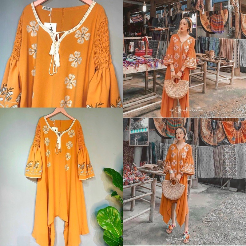 Đầm maxi suông vàng cam boho hoạ tiết dây chuông