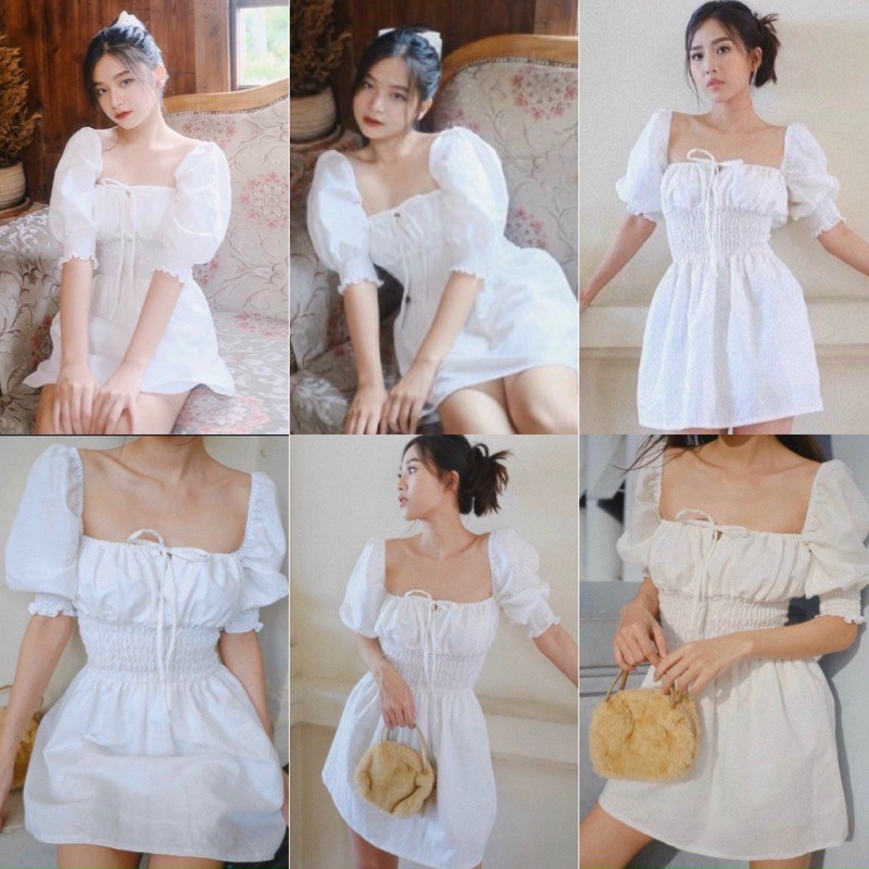 ĐẦM TRẮNG TRỄ VAI BO CHUN EO DANIS DRESS- đầm xuông bo eo trễ vai - cổ vuông ulzzang(KÈM ẢNH THẬT)