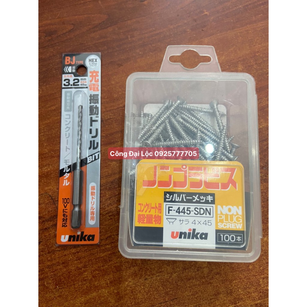 Combo 1 hộp Vít bắt tường, bê tông không dùng tắc kê nhựa + mũi khoan mồi BJ3.2 UNIKA