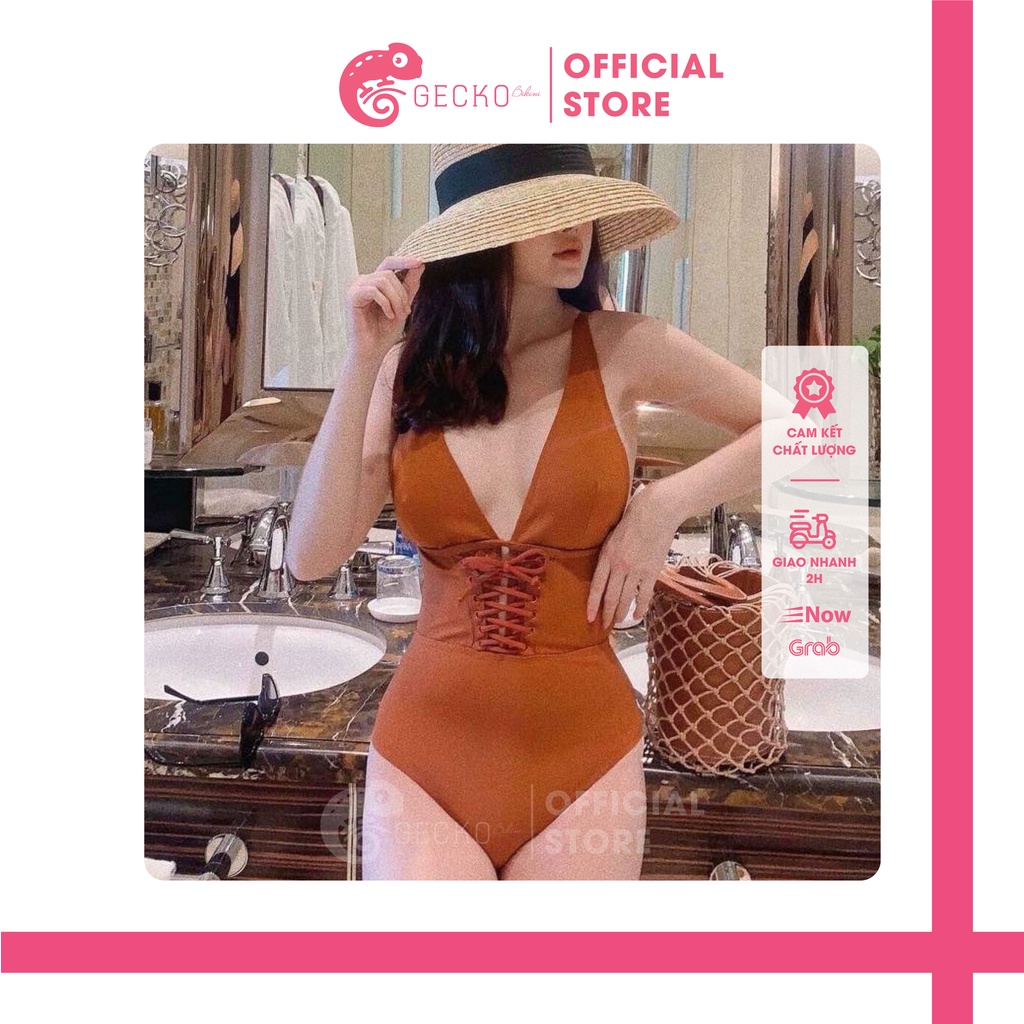 Bikini Đồ Bơi 1 Mảnh Cam Đất Xẻ Ngực Đóng Khuy GK0117 (Ảnh Thật)