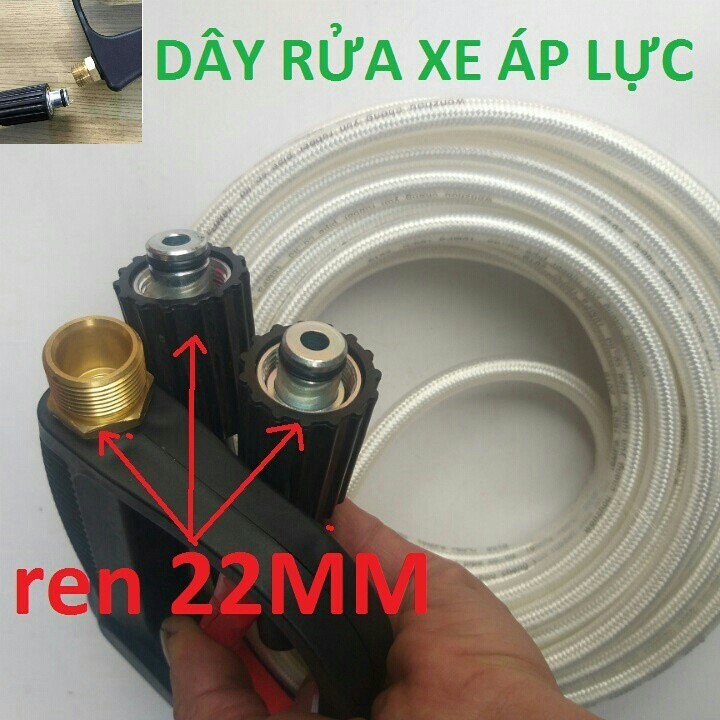 Súng xịt rửa xe, vòi xịt rửa xe áp lực cao cò đỏ ren ngoài 22mm,14mm