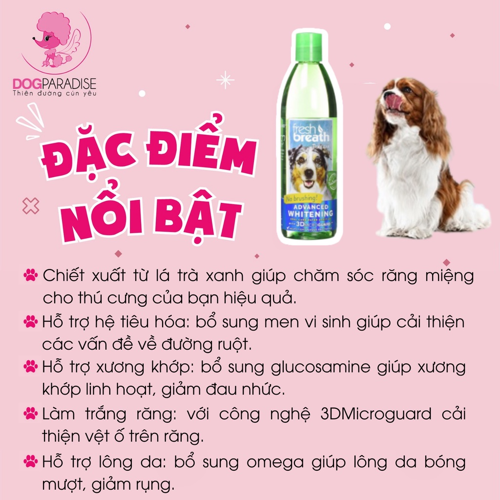 Nước xúc miệng Tropiclean Fresh Breath cho thú cưng hơi thở thơm mát đa năng chai 473ml - Dog Paradise