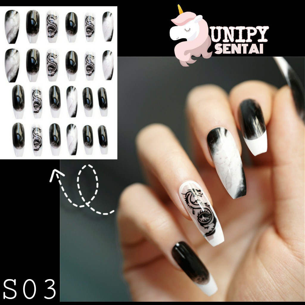 Móng Giả | Set 24 Móng Tay Giả Rồng Đen Kèm Dũa Keo Dán Móng  | S03