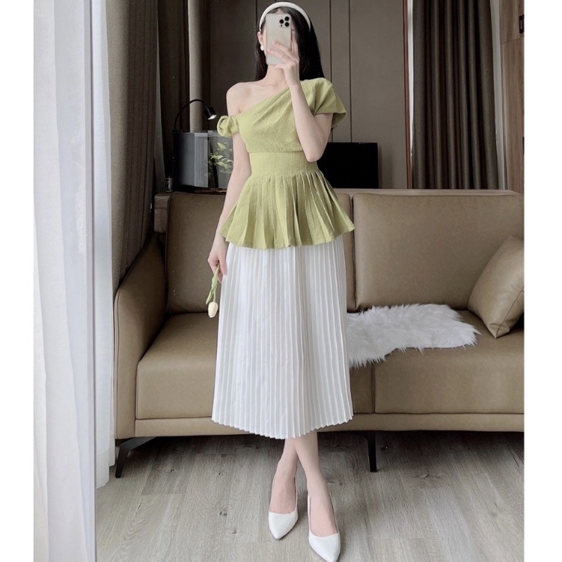 (Có Bigsize) SET ÁO XANH LỆCH VAI + CHÂN VÁY MIDI TRẮNG DẬP LY H16