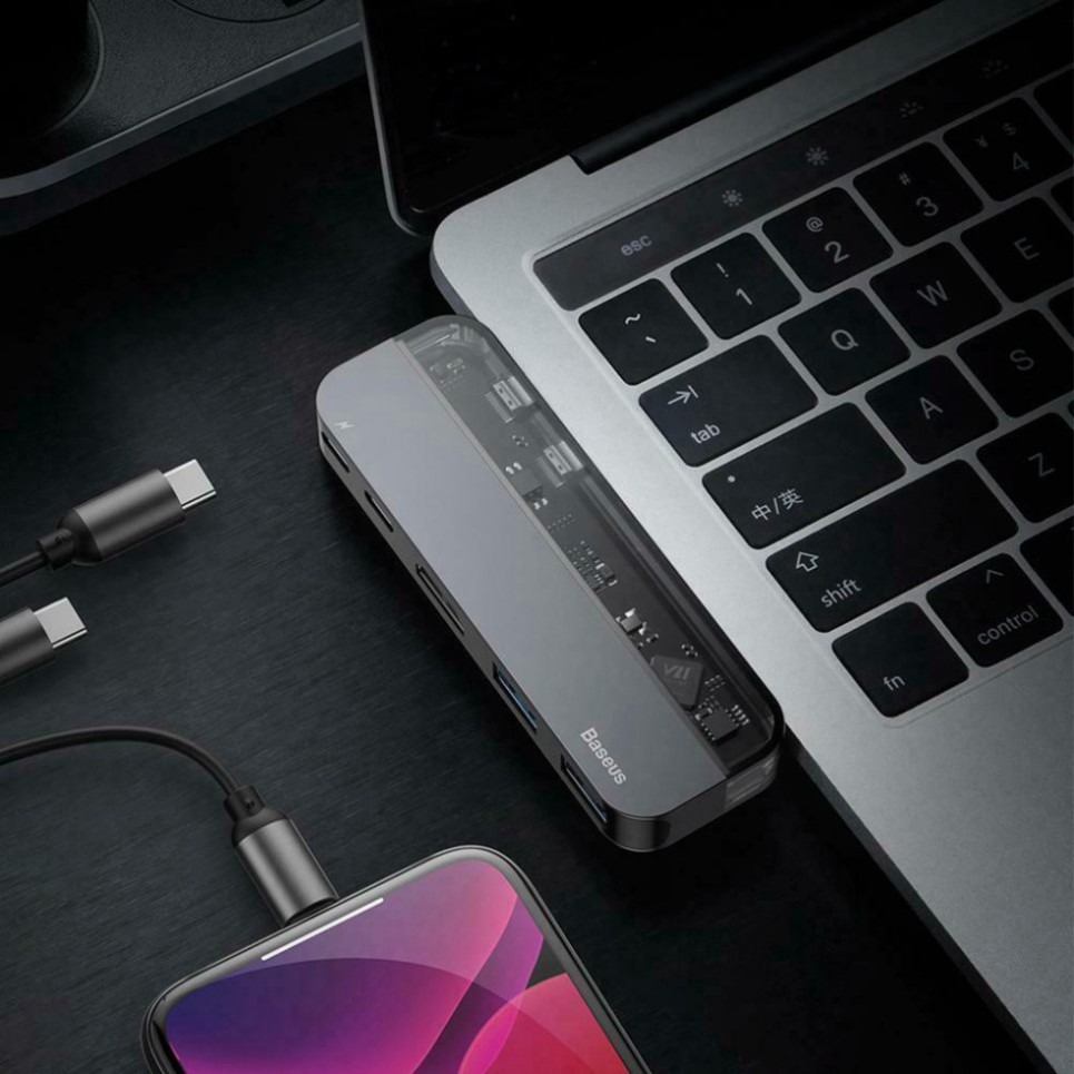 Bộ USB Hub Baseus Thunderbolt C 5 in 1 mở rộng cổng kết nối USB 3.0, HDMI, Thunderbolt 3,cho Macbook Pro 2016,2017,2018