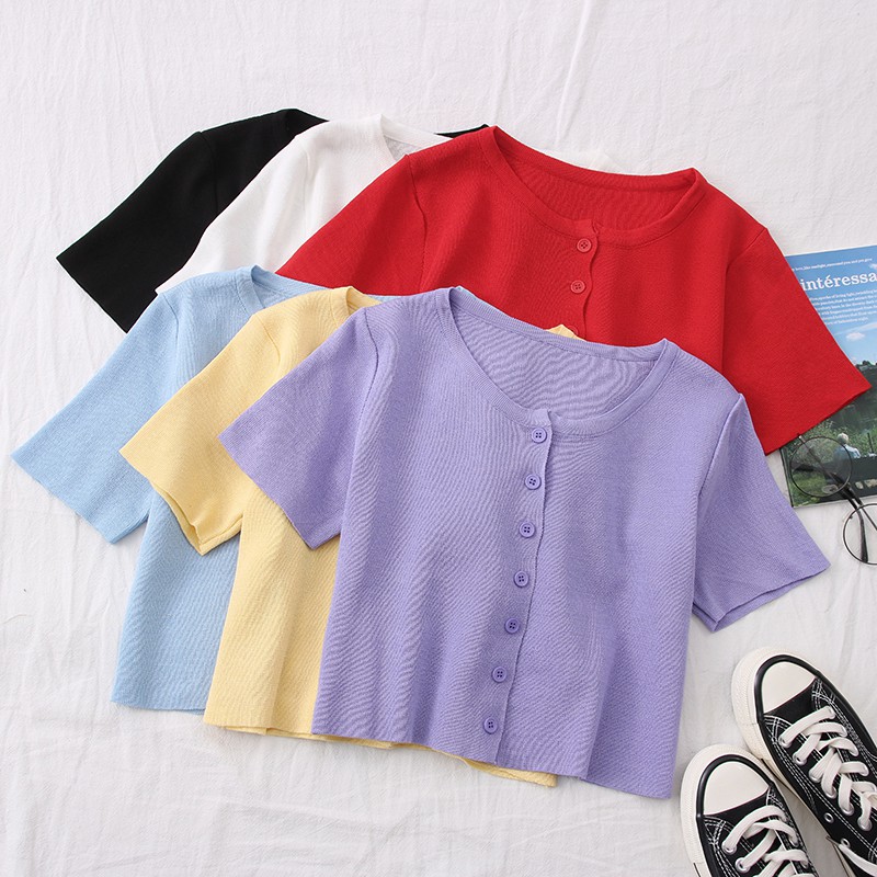 Cocory vn Áo ngắn dệt kim tay ngắn cổ tròn thiết kế quyến rũ hợp thời trang