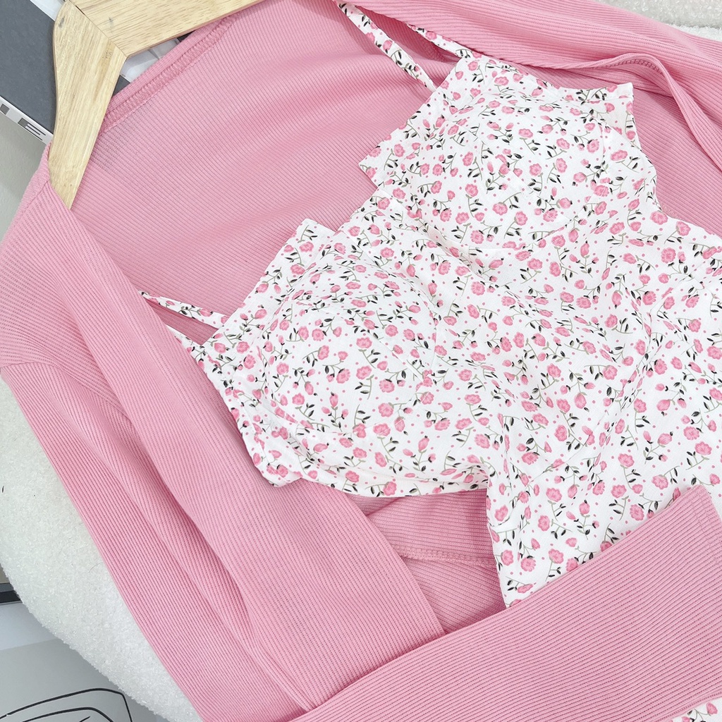 SET Đầm cúp ngực 2 dây hoa nhí xẻ đùi kèm Áo khoác dệt kim tay dài màu hồng/xanh NÀNG CLOSET