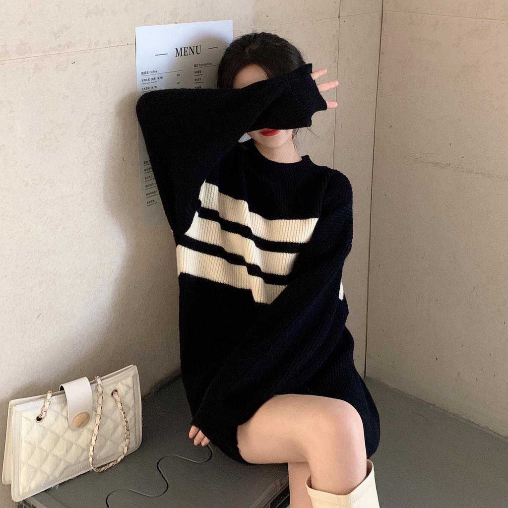 QADCOL Áo sweater chui đầu cỡ lớn kẻ sọc màu sắc tương phản cho bạn nữ