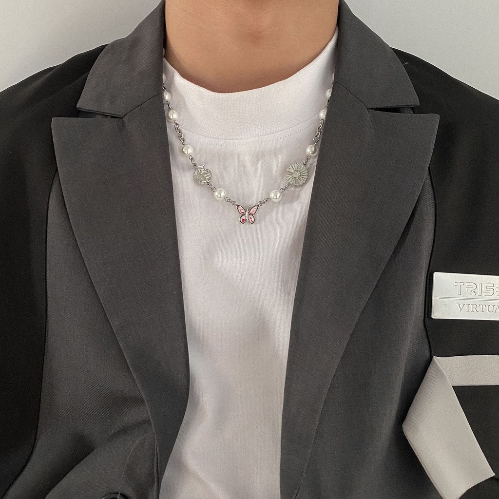Dây Chuyền Hình Bướm Đính Ngọc Trai Phong Cách Hip Hop 19A1222 Thời Trang