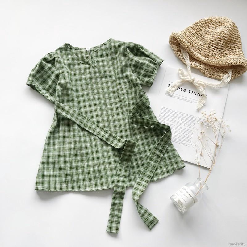 Đầm cotton tay ngắn in họa tiết caro cho bé gái