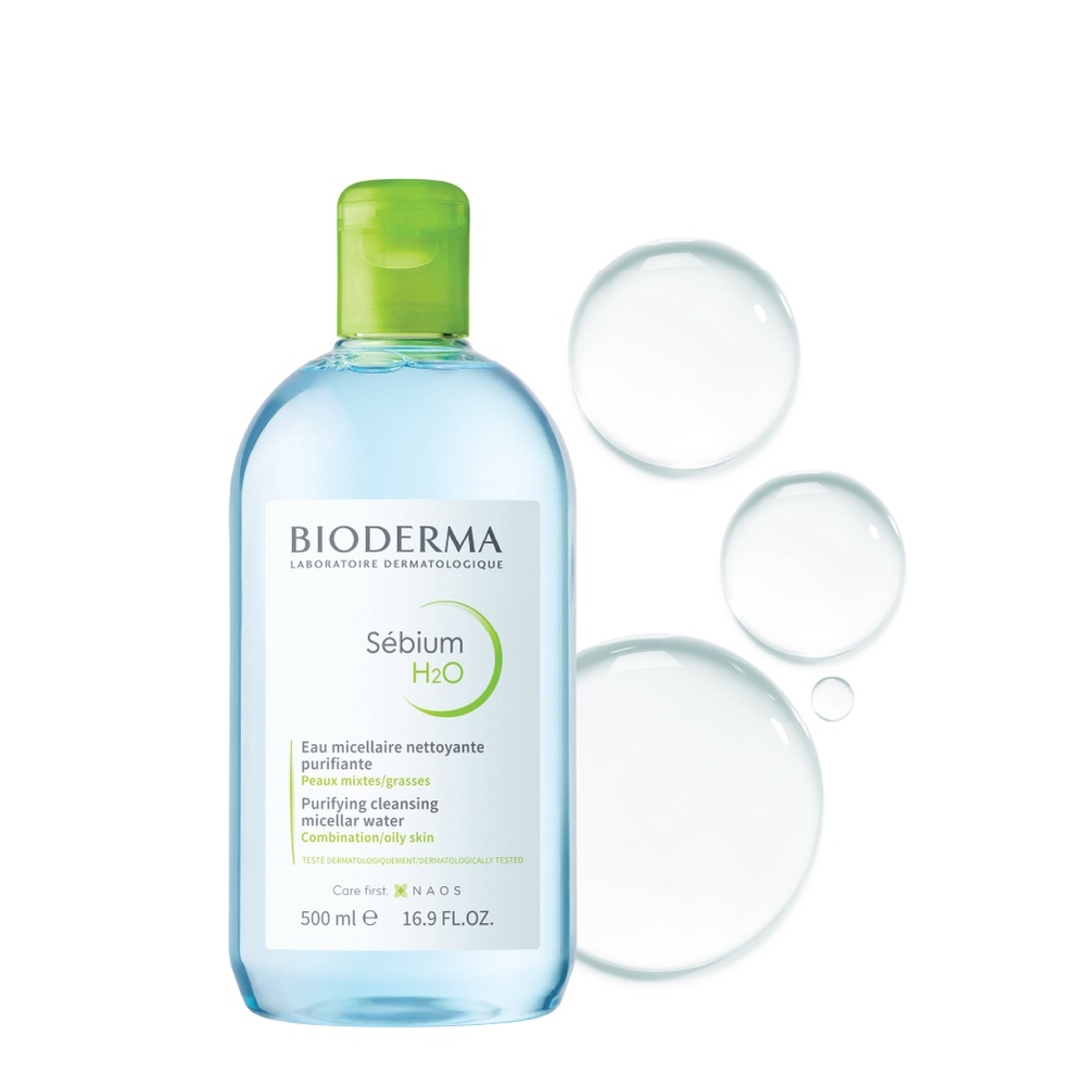 Bộ nước tẩy trang và làm sạch công nghệ Micellar cho da dầu, mụn Bioderma Sebium H2O 500ml và Gel rửa mặt tạo bọt 200ml