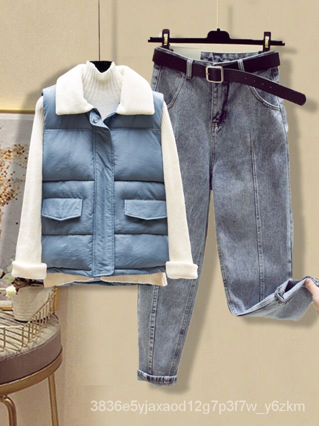 Mùa Thu Mới Của Phụ Nữ Thời Trang Phù Hợp Với Chị Em Mỏng Mặc Quần Jean Áo Len Nữ Áo Vest Ba Mảnh
