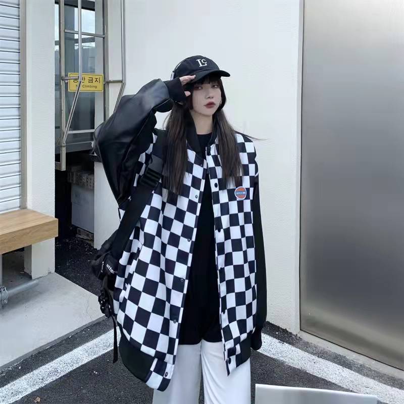 Áo khoác kẻ sọc nữ  Áo khoác da dáng rộng họa tiết sọc caro màu trắng đen phong cách năng động thời trang cho nam và nữ