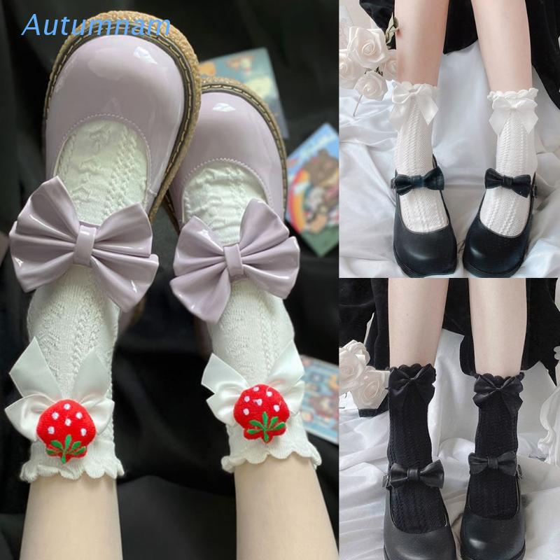 Đôi vớ dệt kim họa tiết trái tim/đính nơ phong cách lolita nhật bản cho nữ