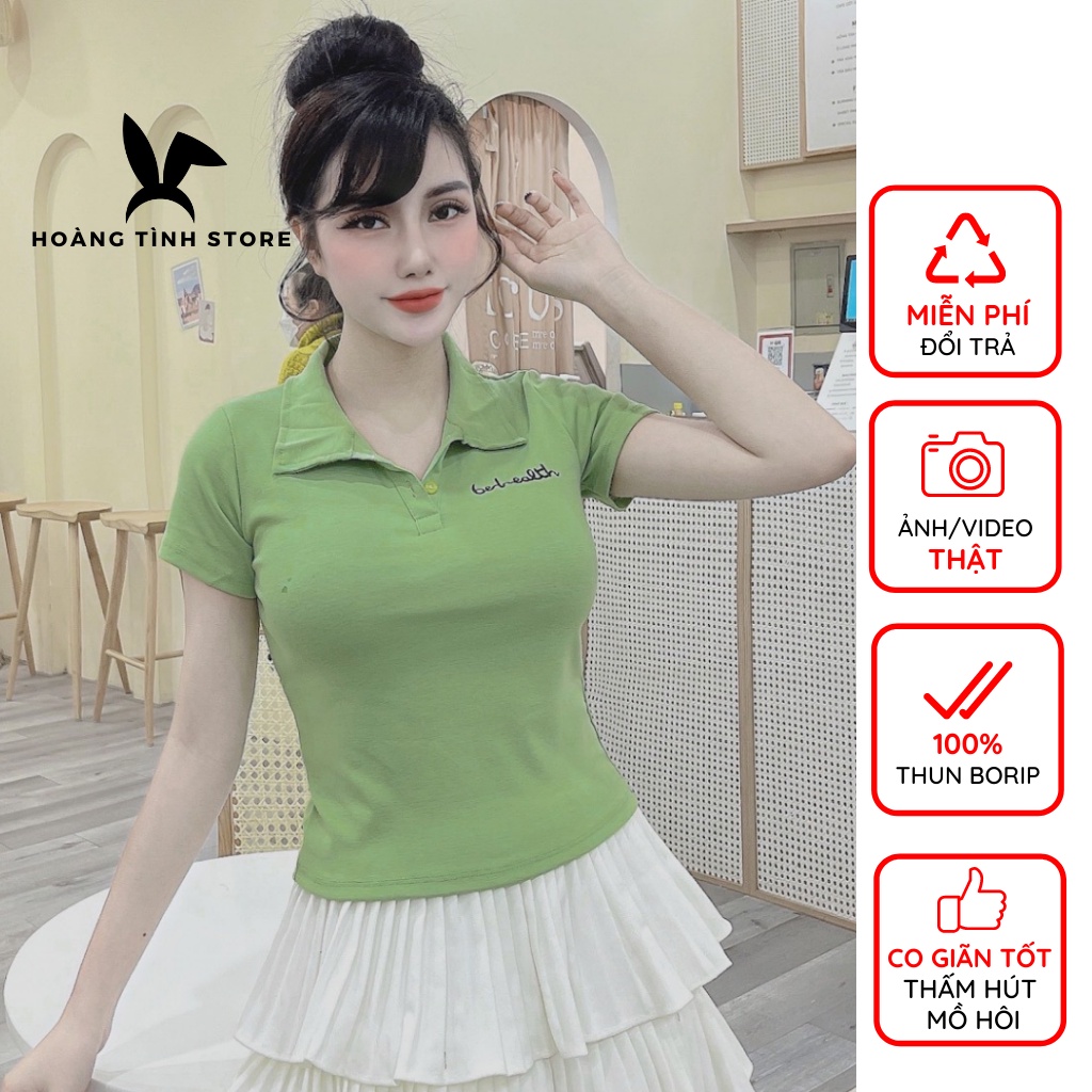 Áo thun nữ tay ngắn ôm body cổ trụ Hoàng Tình Store áo phông thêu chữ, thun borip co giãn tốt thấm hút mồ hôi Freesize