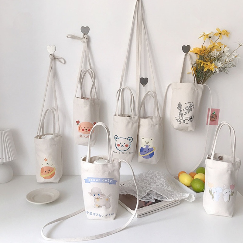 Túi Canvas Đeo Vai Đựng Bình Nước In Hình Hoạt Hình Dễ Thương Cho Nữ