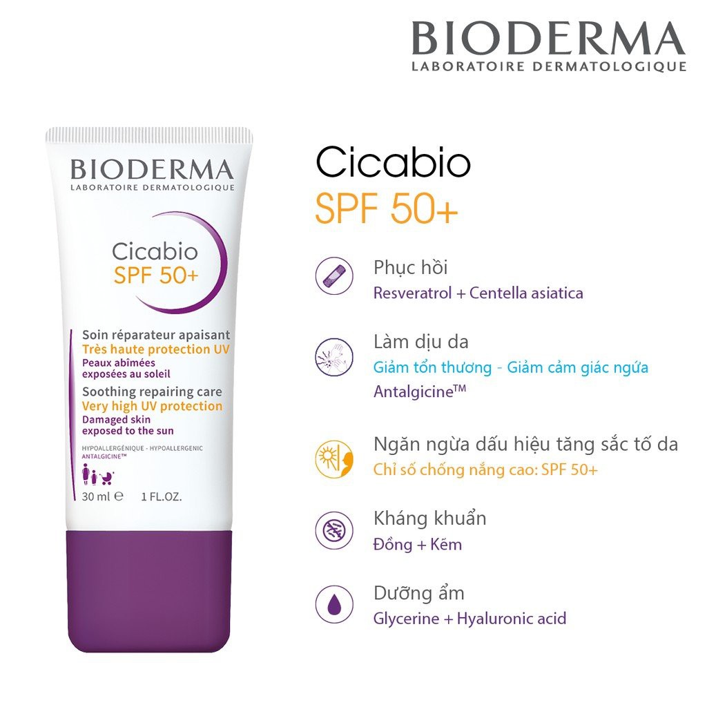 Kem dưỡng chống nắng hạn chế tăng sắc tố Bioderma cicabio spf50 30ml TẶNG mặt nạ Sexylook (Nhập khẩu)