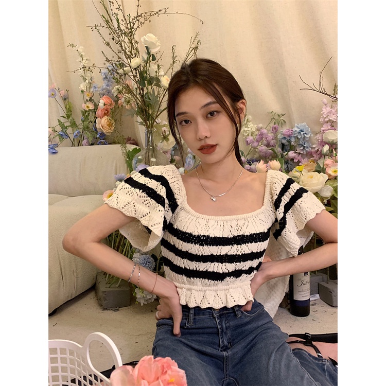 QADCOL  Áo Croptop Cổ Vuông Viền Bèo Họa Tiết Kẻ Sọc Màu Sắc Tương Phản Thời Trang Mùa Hè Cho Nữ