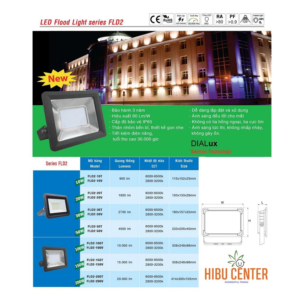 Đèn LED Flood Light MPE series FLD2 100W/ 150W/ 200W Ánh Sáng Trắng, Vàng – DIALux Công Nghệ Đức – Hàng Chính Hãng