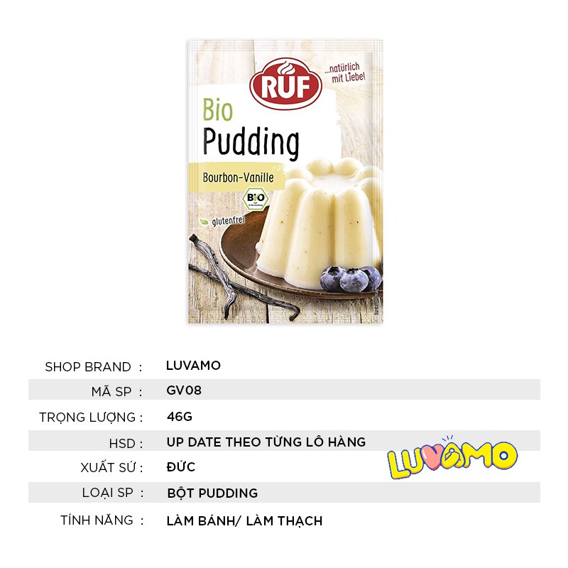 Bột pudding hữu cơ làm thạch rau câu bánh kẹo dẻo cho bé vị vani 46g luvamo GV08