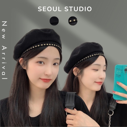 Mũ nồi nữ cao cấp họa tiết ngôi sao, mũ beret nữ phong cách Hàn Quốc