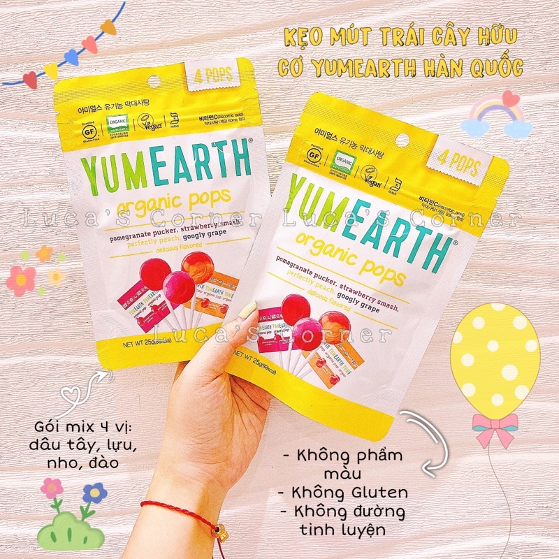 Kẹo mút trái cây hữu cơ YumEarth Hàn Quốc cho bé