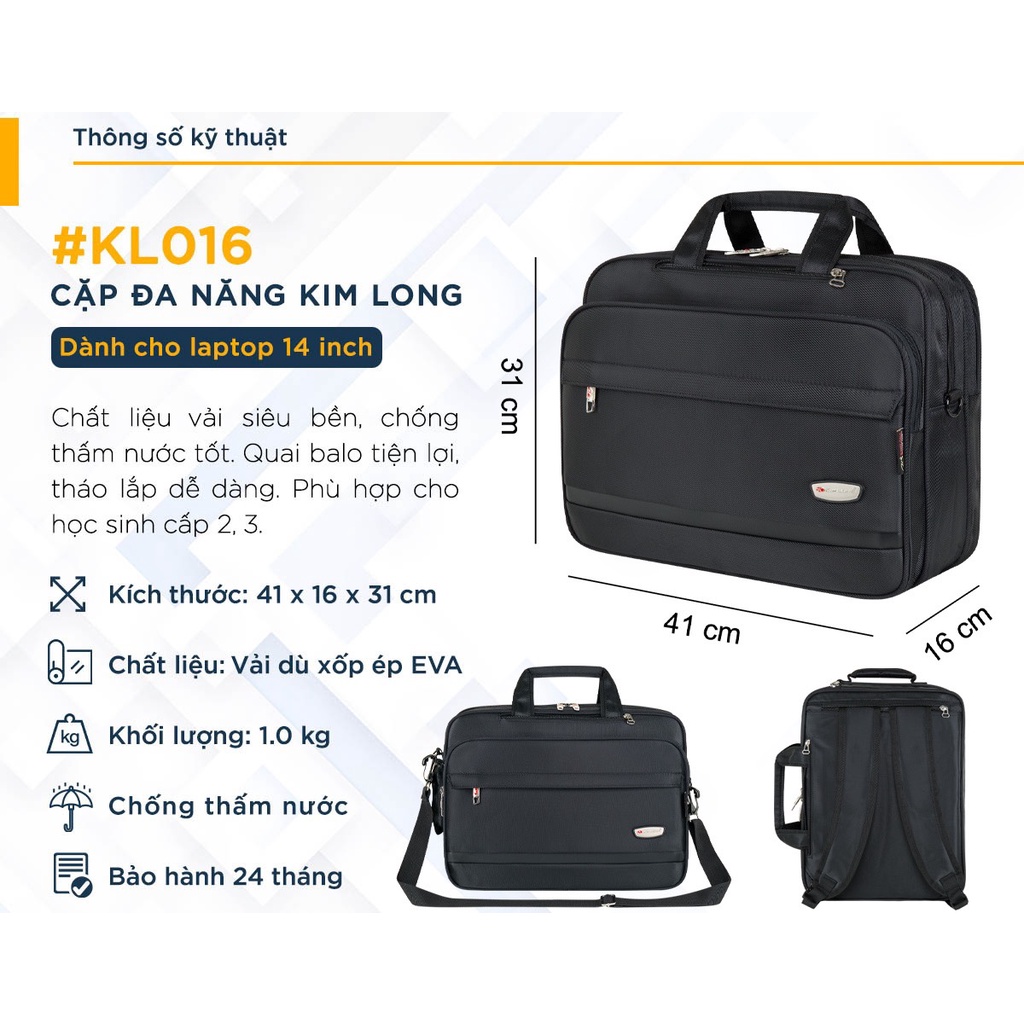 Cặp laptop 15.6 inch - Cặp đen học sinh đa năng cao cấp Kim Long KL016