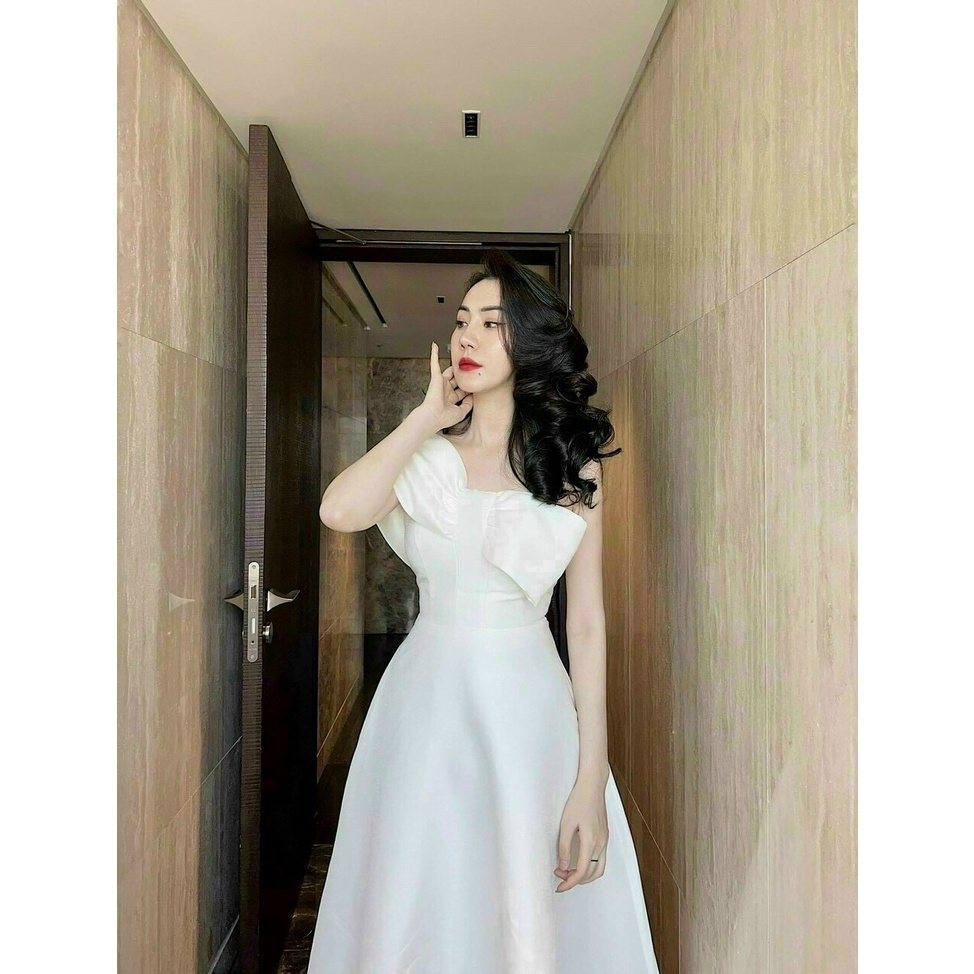 Đầm dự tiệc màu trắng nơ bản to dáng xoè siêu sang chảnh