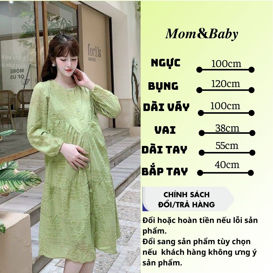 Đầm Bầu Váy Bầu Dài Tay Sang Chảnh Họa Tiết Hoa Nổi Cổ Tròn Công Sở Đi Chơi Dự Tiệc Đẹp M591 Mom and Baby