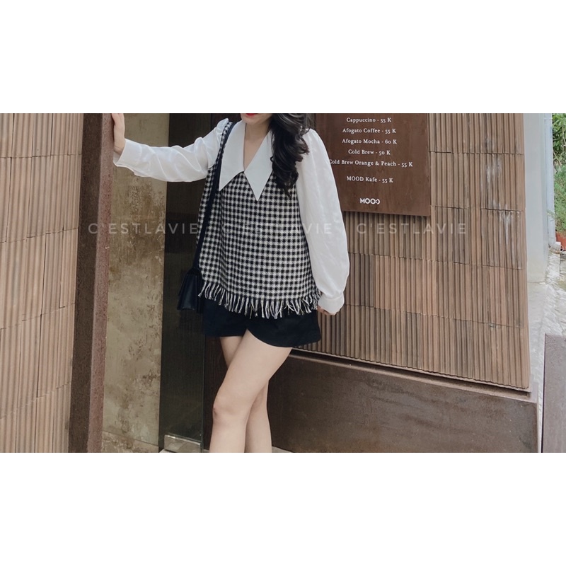 Áo tweed kẻ pha cổ và tay sơmi, hàng thiết kế | BigBuy360 - bigbuy360.vn