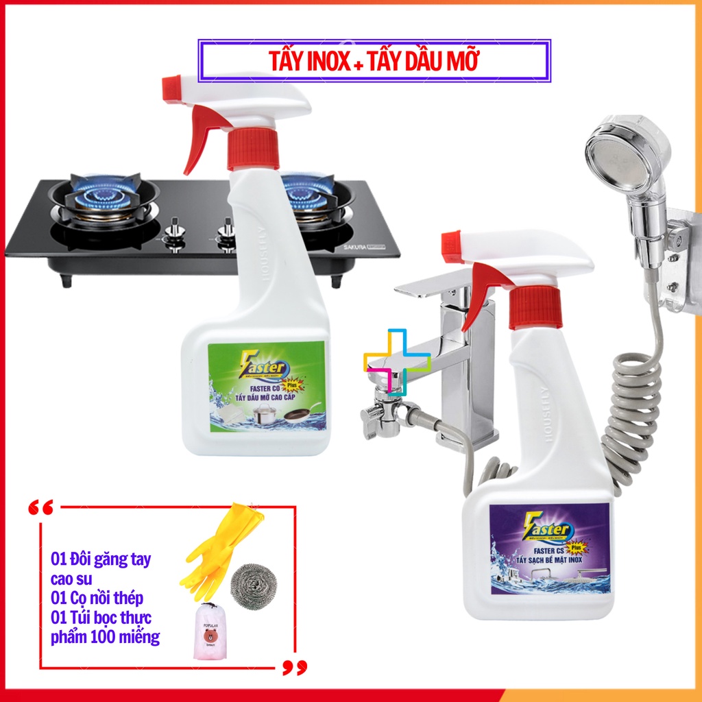 (RẺ HƠN 20K) Combo Nước Tẩy Dầu Mỡ Nhà Bếp &amp; Nước Tẩy vòi sen inox thiết bị vệ sinh Faster 350ml
