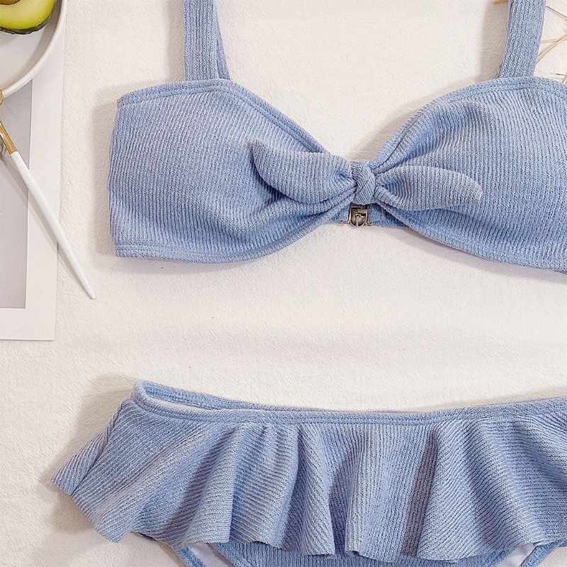 Bộ Đồ Bơi Bikini 2 Mảnh Phối Bèo Lưng Cao Có Gân Và Dây Cột Phía Trước Quyến Rũ Cho Nữ