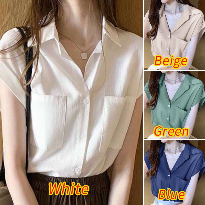 Áo sơ mi ZANZEA tay ngắn cổ bẻ màu trơn phong cách Hàn Quốc đơn giản dễ phối đồ dành cho nữ