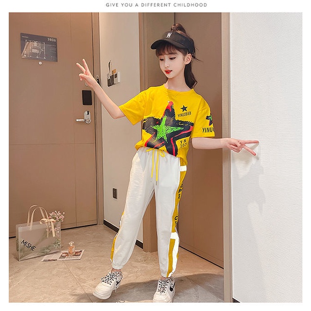 Bộ Đồ Thể Thao 2 Món Áo Thun Tay Ngắn Thời Trang Mùa Hè Cho Bé Gái Từ 3-4 - 5-6 - 7-8 - 9-10 - 11-12 - 13-14 - Năm Quần Thể Thao Trẻ Em Áo Thun S