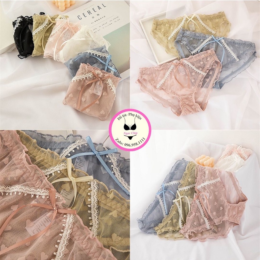 Quần lót nữ ren lưới sexy cao cấp, quần lót kháng khuẩn hoạ tiết trái tim đính nơ xinh Nđ10