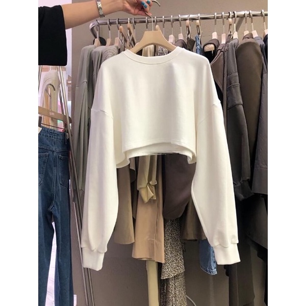 Áo croptop tay dài nỉ da cá mỏng - thu đông, dáng basic Hàn Quốc [Ảnh và video shop tự chụp]