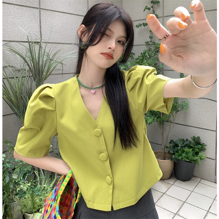 Áo Sơ Mi Tay Ngắn Cổ Chữ v Thiết Kế Ba Hàng Nút Thời Trang Mới Cho Nữ