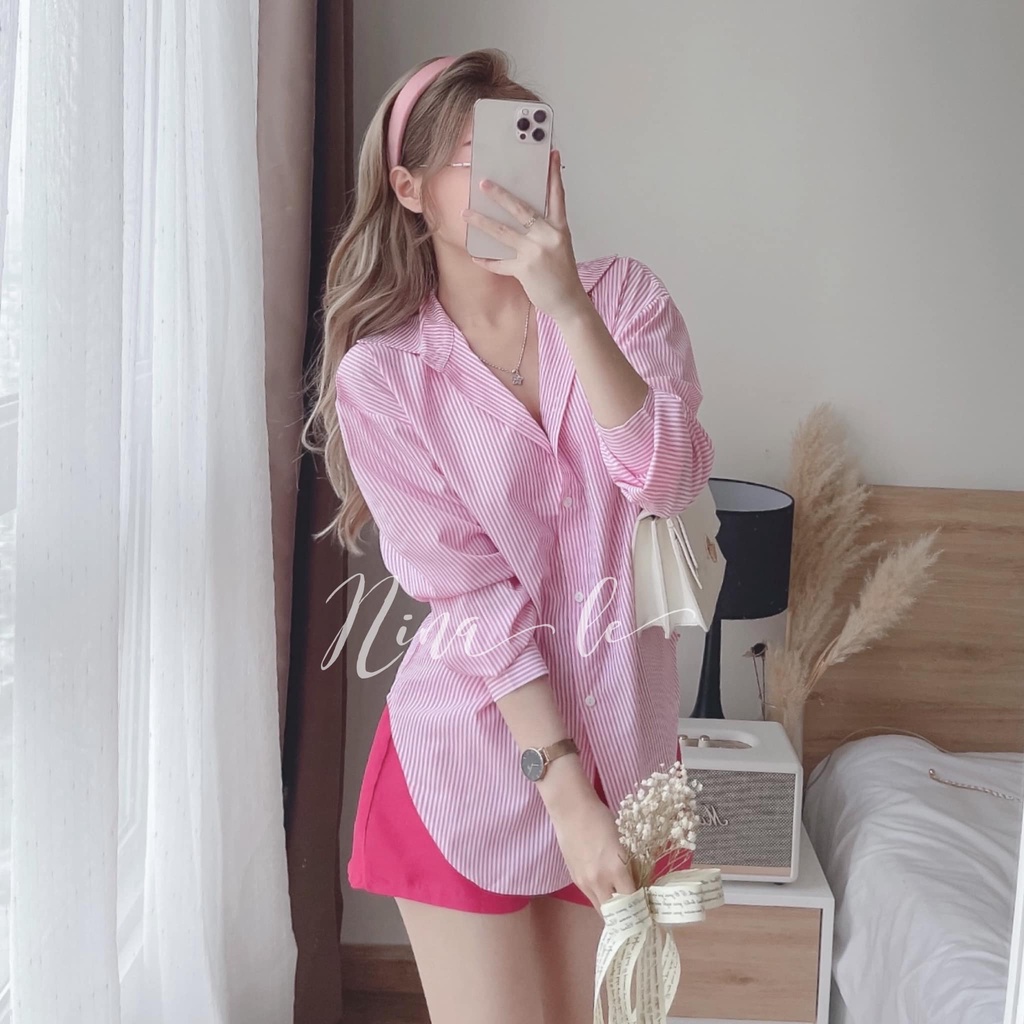 Sét bộ đồ nữ áo sơ mi dài tay kẻ sọc đa dạng màu sắc  phối quần đùi xinh xắn.