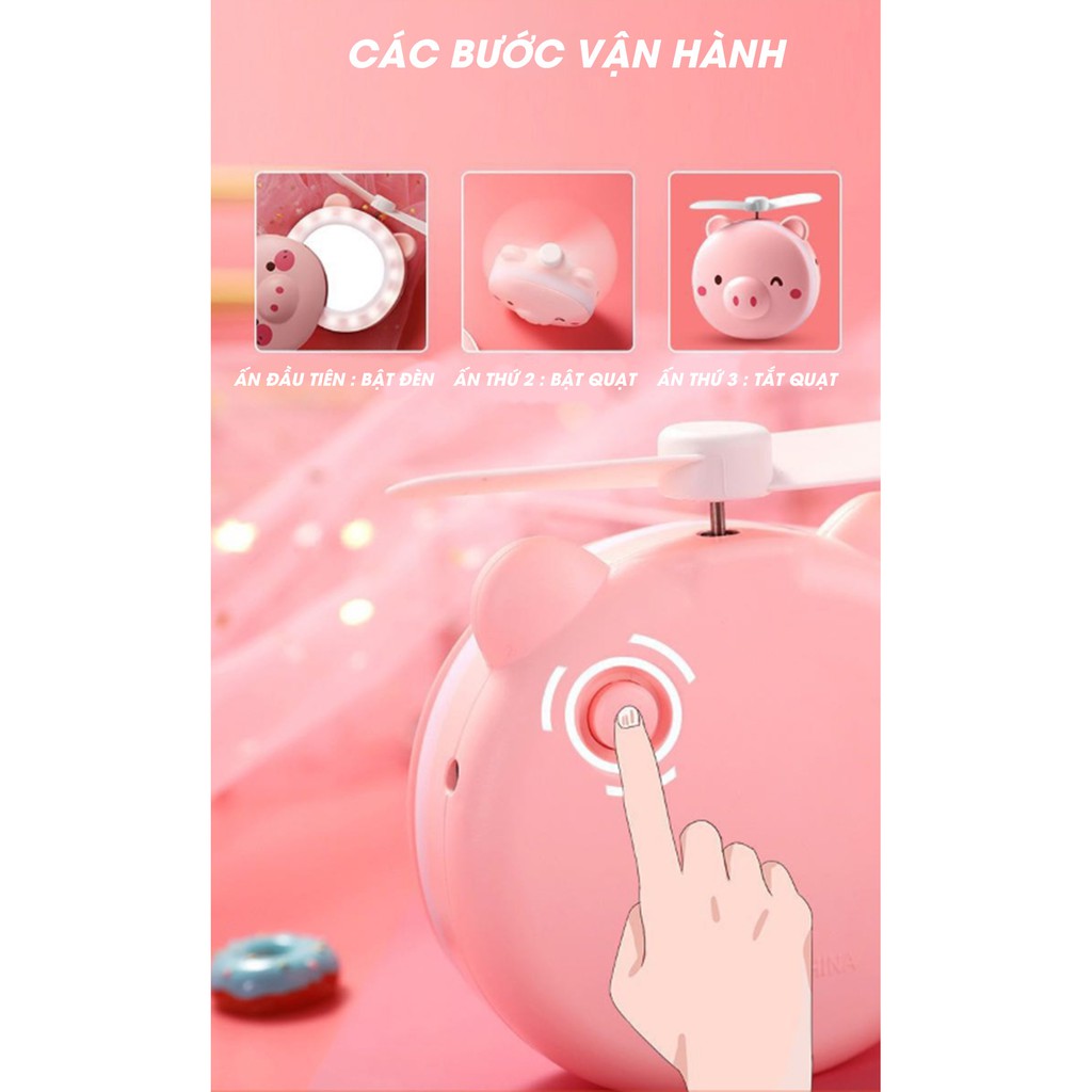 Đèn LED ngủ kèm quạt và gương soi HÌNH HEO MULTI FAN