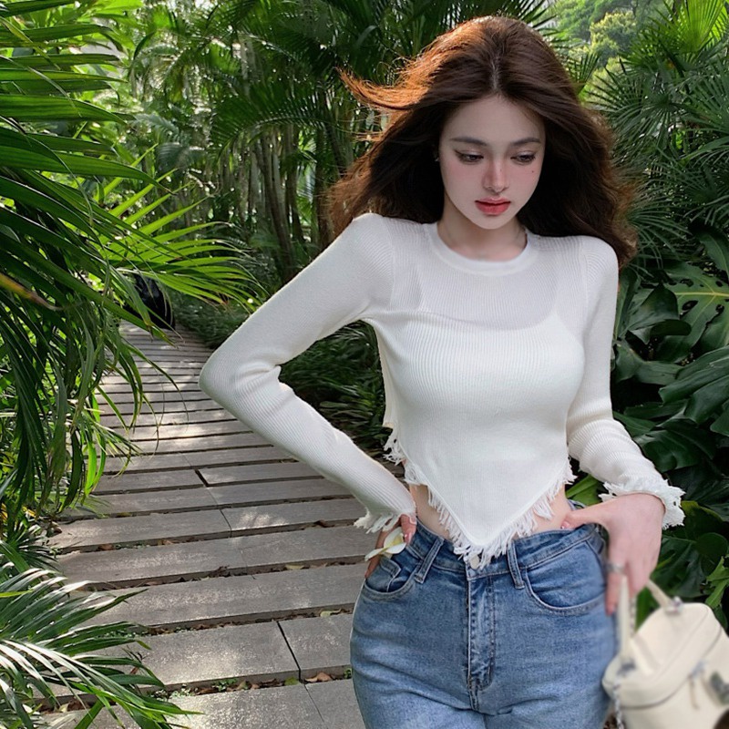 Áo Thun Dệt Kim Mỏng Tay Dài Cổ Tròn Viền Tua Rua Màu Trơn Thời Trang Hàn Quốc Cho Nữ
